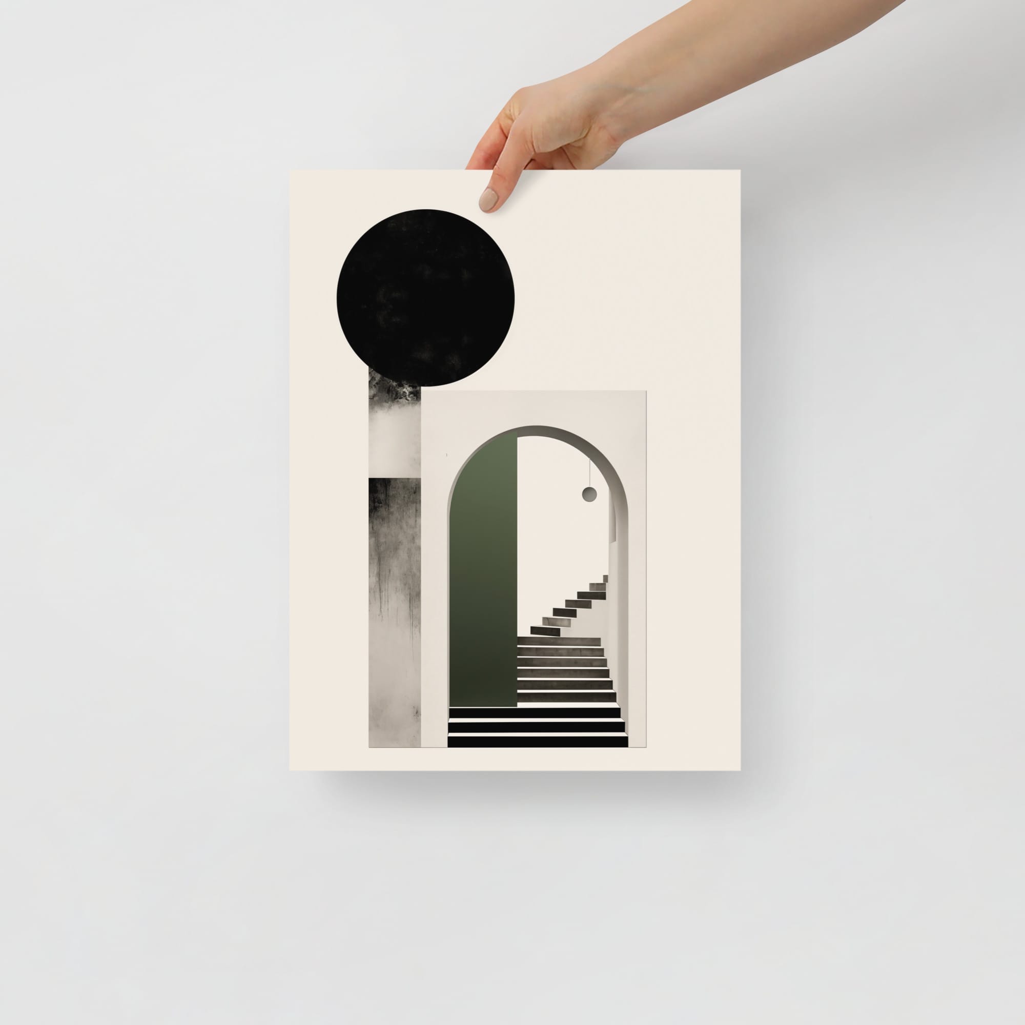 Emerald Essence - Monochrome Collage with Linear Archways